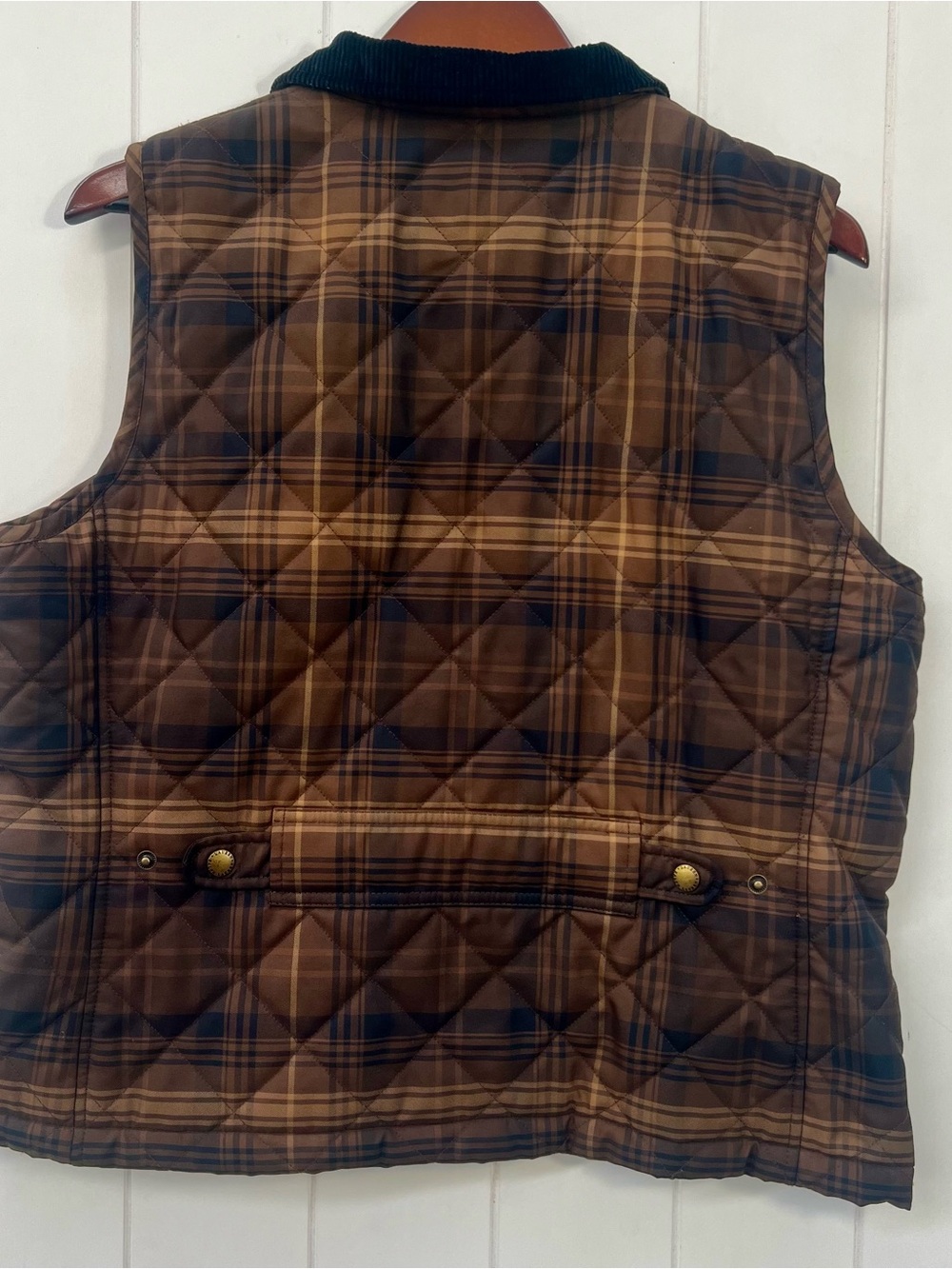 Lauren Ralph Lauren Quilted Brown Plaid Puffer Vest Corduroy Collar XL - Picture 3 of 4
